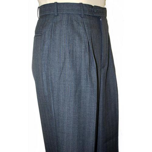 Pronti Sapphire Blue With Beige/Navy Pinstripes Wide Leg Slacks With French Cuffs P32